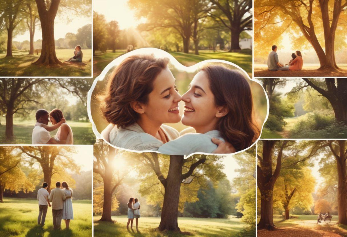 A heartwarming collage of diverse individuals sharing moments of affection, such as hugging, laughing, and enjoying nature. The background features a soft-focus landscape with warm sunlight filtering through trees, creating a nostalgic atmosphere. Elements like speech bubbles conveying emotions and vintage camera graphics enhance the storytelling aspect. The colors should be soft pastels to evoke feelings of warmth and sentiment. painting. soft pastels.