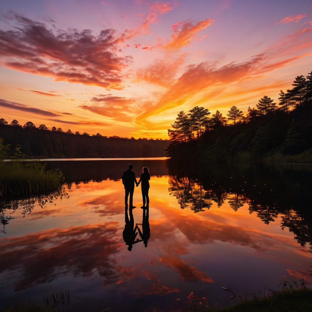 A breathtaking landscape featuring a lush, vibrant sunset over a serene lake, where two silhouettes hold hands, representing love and connection. In the foreground, a camera on a tripod captures the scene, while floating hearts made of light symbolize emotions. The atmosphere is filled with a warm glow, inviting viewers into the moment. super-realistic. vibrant colors. romantic ambiance.